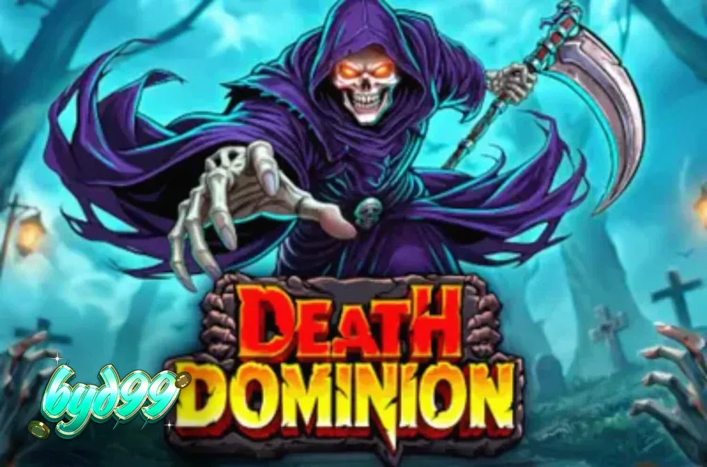 Tampilan visual slot Death Dominion dengan tema pemakaman gotik dan simbol-simbol misterius.